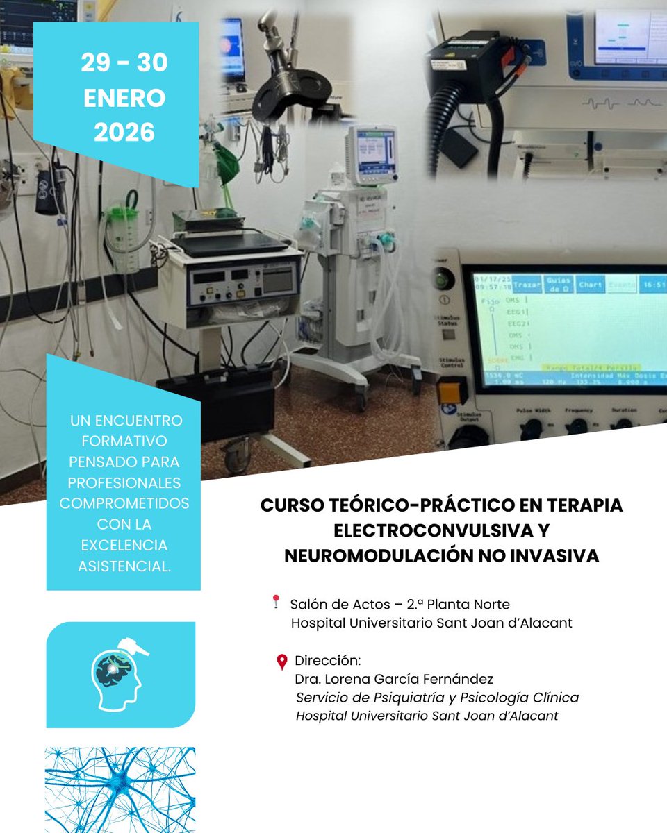 GVAsaludstjoan's tweet photo. 🧠💫Curso de TERAPIA ELECTROCONVULSIVA Y NEUROMODULACIÓN NO INVASIVA

📅29-30 ENE
📌Hospital Sant Joan d'Alacant

Inscripción👇🏼
📧 eventos@triespais.com
(Indicar nombre, DNI y centro laboral)

Impartido por 🔟 expertos de todo el país
🧵Programa https://t.co/BvyDEaodrL