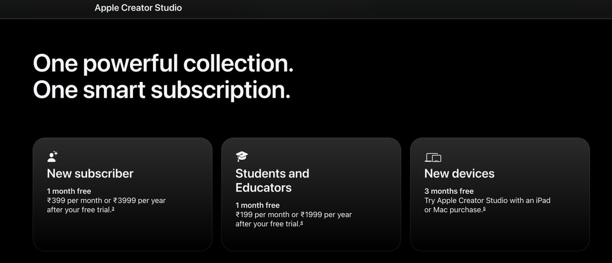 Rare win for the Indian market wrt Apple pricings 👀

Apple Creator Studio will cost just ₹399 per month or ₹3999 per year.

For students and educators, the deal is even sweeter, ₹199 per month or ₹1999 per year.