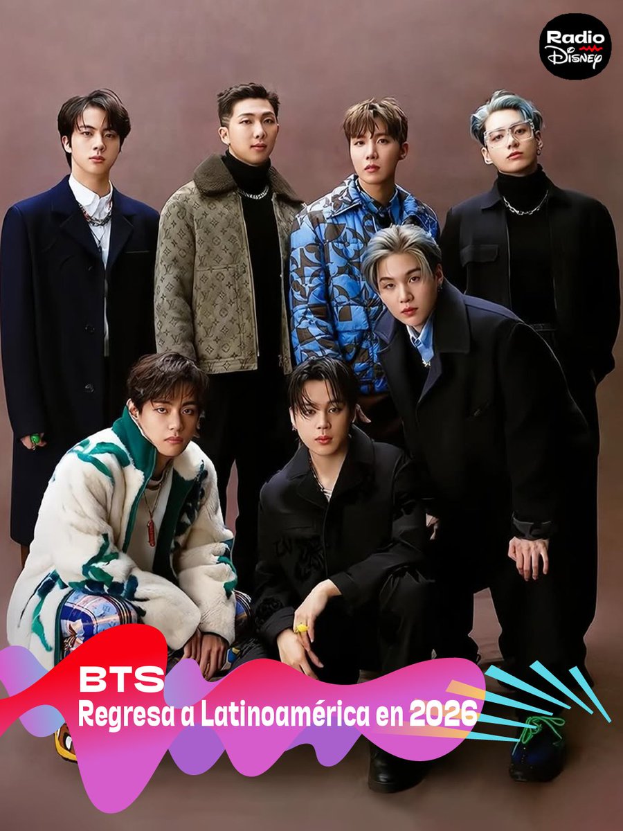 RadioDisneyLA's tweet image. ¡Es oficial! 💜✨
@bts_bighit  confirmó su World Tour y Latinoamérica forma parte del recorrido 🌎🎤

La gira llevará al grupo a México 🇲🇽, Colombia 🇨🇴, Perú 🇵🇪, Chile 🇨🇱, Argentina 🇦🇷 y Brasil 🇧🇷, marcando el esperado reencuentro con el #ARMY de la región.

Ahora queremos saber:…