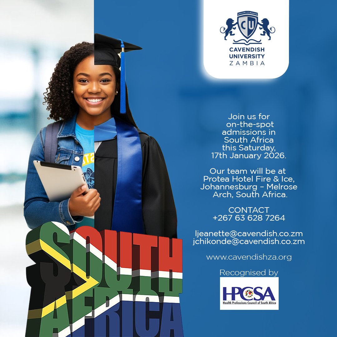 CavendishUniver's tweet photo. SANIBONANI SOUTH AFRICA!
Join us for on-the-spot admissions this Saturday, 17th January 2026 | Protea Hotel Fire &amp; Ice | Johannesburg – Melrose Arch, South Africa.

+267 63 628 7264
ljeanette@cavendish.co.zm, jchikonde@cavendish.co.zm.

Success begins at Cavendish University! https://t.co/V9q1GQJHhM