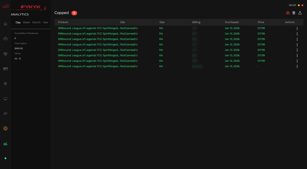 nsb_bot's tweet image. 🙌 @drizzy64ss locked in 8x Riftbound: League of Legends TCG Spiritforged (RA) on RiotGamesEU—$127.99 each, $895.93 total. Ran NSB3’s cooking mode &amp;amp; hit checkout perfection. Maybe your wallet’s crying, but the flex is real! #IFYKYK