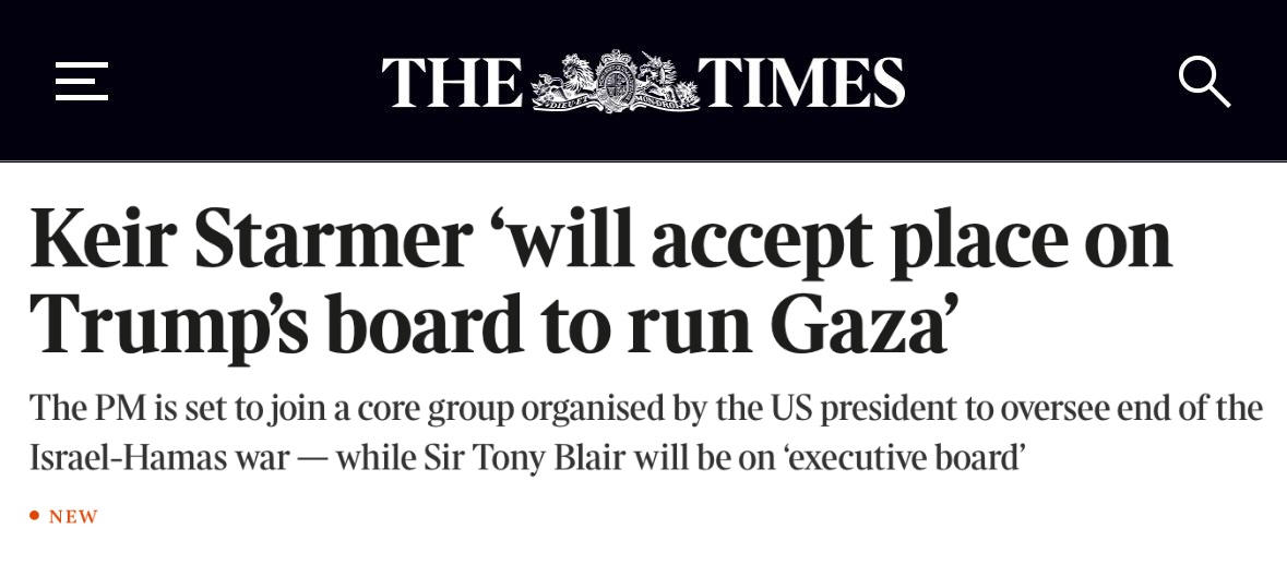 PSCupdates's tweet image. It's reported that Keir Starmer will accept a seat on Trump's so-called 'Board of Peace', the colonial body set to rule over Gaza.

This would amount a grotesque new low for Starmer, once again deepening his complicity in the denial of Palestinian rights. 1/4