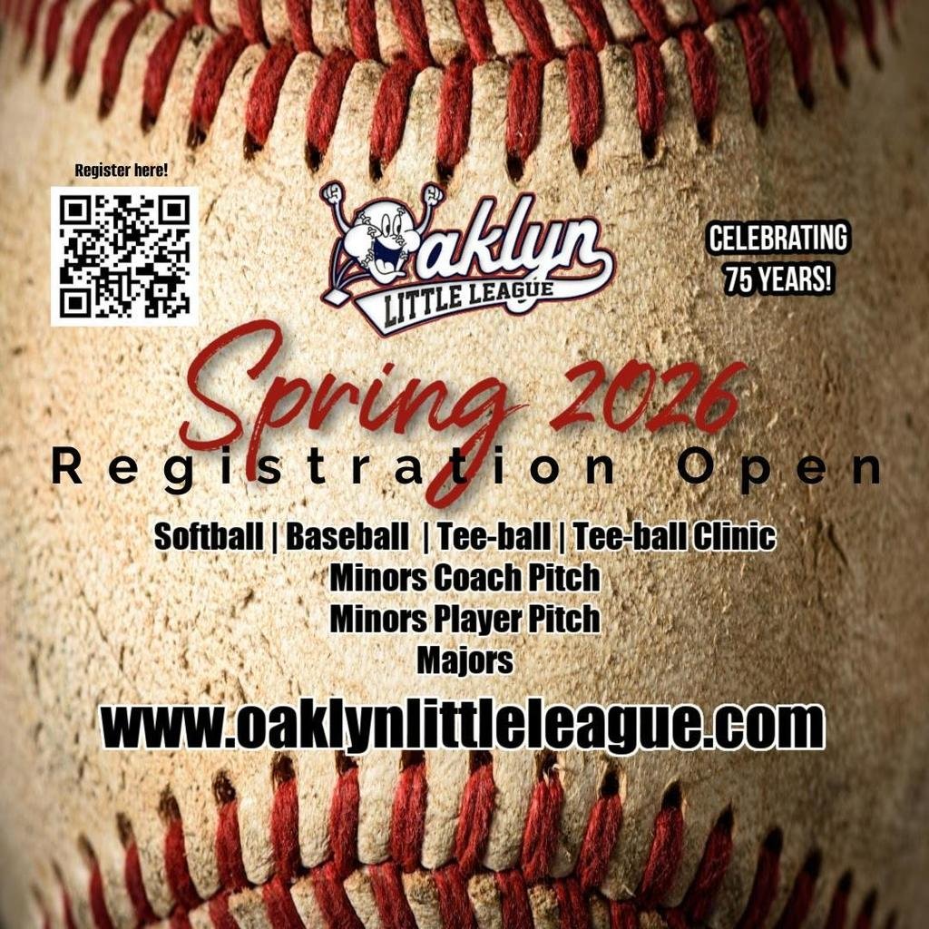 Spring Registration is open to all ages for Oaklyn Little League.  See flyer for more information! Scan QR code or go to www. Oaklynlittleleague.com