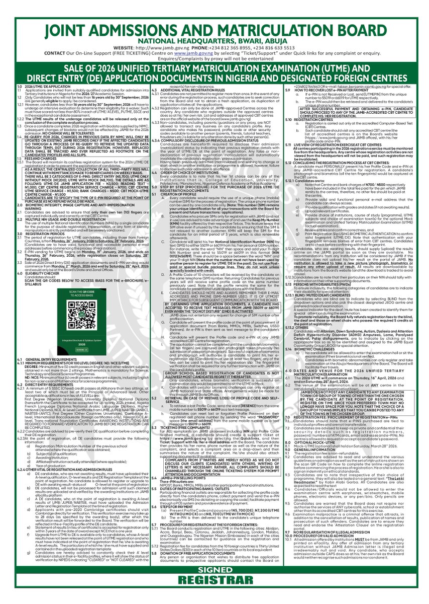 ATTENTION PROSPECTIVE 2026 UTME/DE CANDIDATES