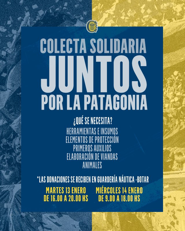RosarioCentral's tweet image. Juntos por la Patagonia 🫂

Rosario Central organiza una colecta solidaria para ayudar a quienes más lo necesitan.

📍 Guardería Náutica
🗓️ Martes 13/01 de 16 a 20 hs
🗓️ Miércoles 14/01 de 9 a 18 hs
