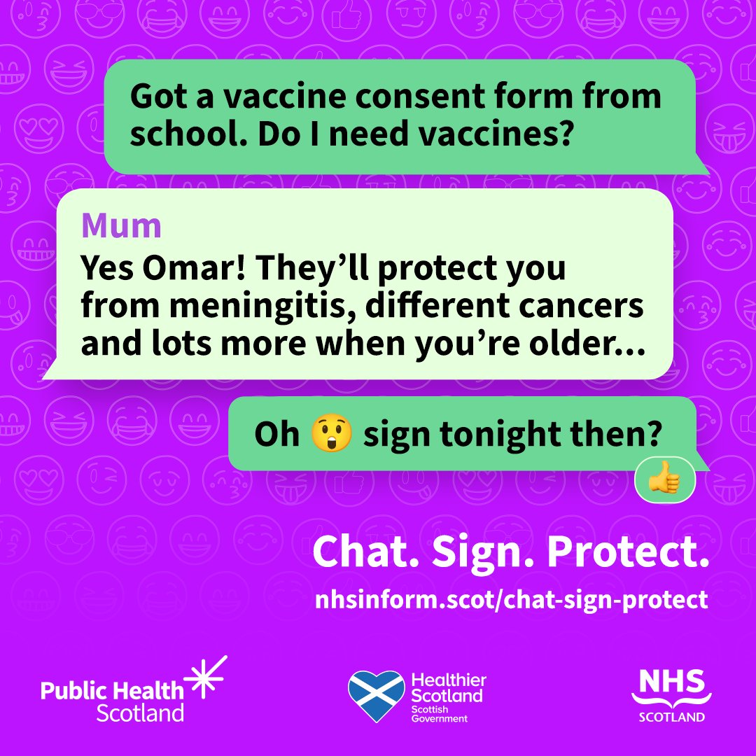 NHSOrkney's tweet photo. Signing and returning your child’s vaccine consent forms from school will help protect them against meningitis, cancers and more.
Remember to #ChatSignProtect
For more information visit 👉https://t.co/kNEYyUd3qr https://t.co/iDGkNWEPdx