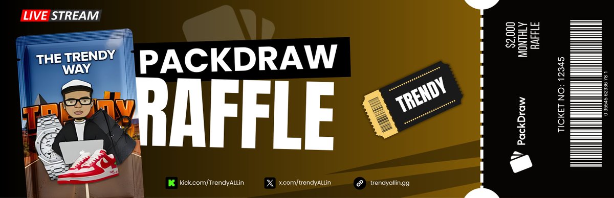 How to Join PACKDRAW RAFFLE Automatically:
🎟️ Wager $75 under Code TRENDY = 1 Ticket

🏆 Monthly Raffle Prizes:
🥇 1st Place — $1,250
🥈 2nd Place — $500
🥉 3rd Place — $250  

DON'T MISS OUT! 💰
🔗 trendyallin.gg