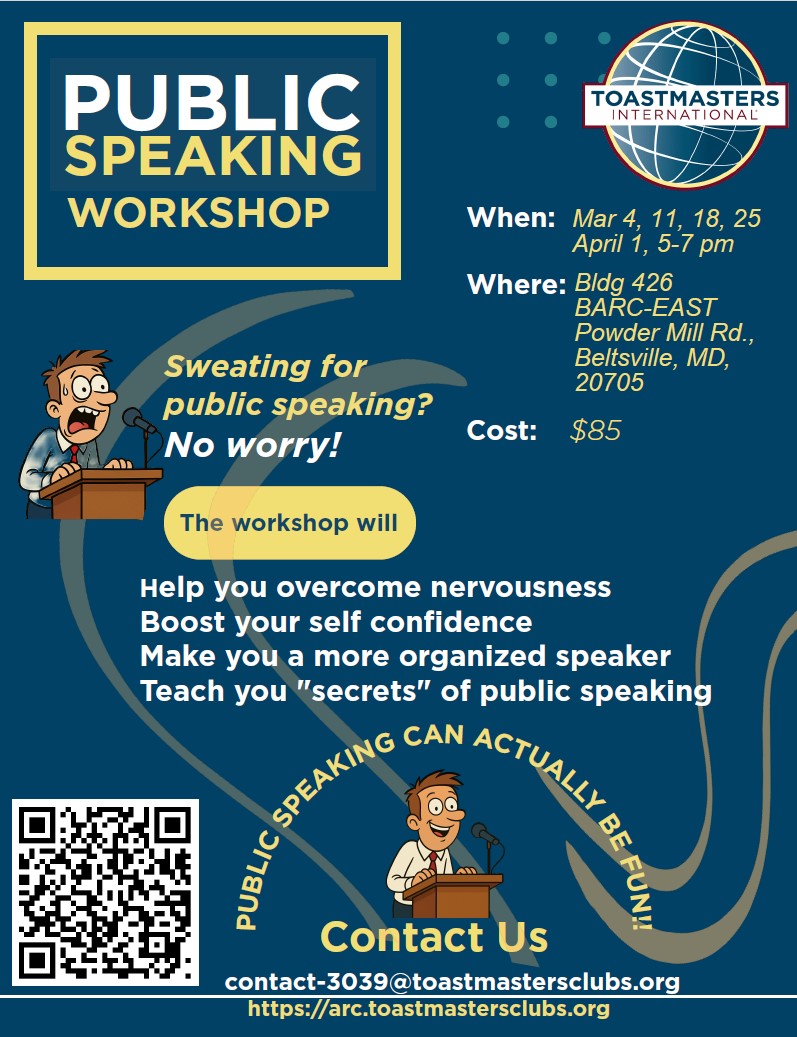 TM_JMERS's tweet image. Agricultural Research Center Toastmasters is conducting a 5-session Public Speaking Workshop. The sessions will be held in person on Wednesdays March 4-April 1, 2026 at 5:00-7:00 pm. Email contact-3039@toastmastersclubs.org for more information.