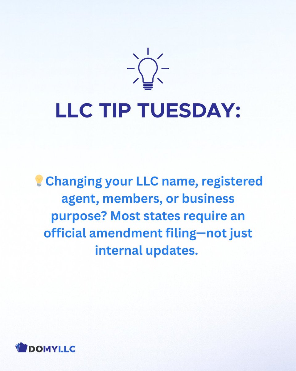 DoMyLLC's tweet image. 💡 Tip Tuesday: Understand When You Need an Amendment

Changing your LLC name, registered agent, members, or business purpose? Most states require an official amendment filing—not just internal updates.

👉 Want more tips like this? Follow us @DoMyLLC 

#LLCTips #SmallBusiness101