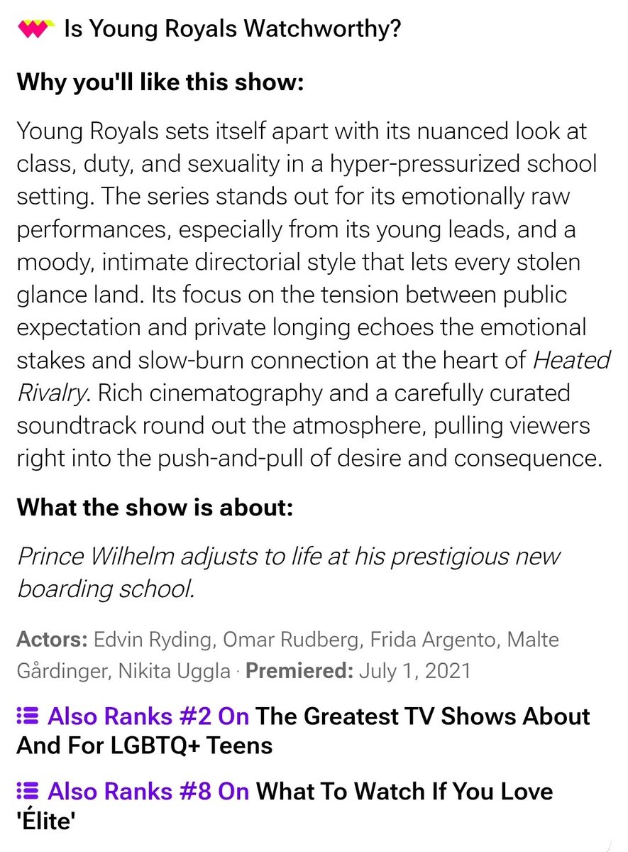 Mihaela5102's tweet image. "Young Royals" continues to be on the list of recommended shows to watch after "Heated Rivalry" 

ranker.com/list/shows-lik…