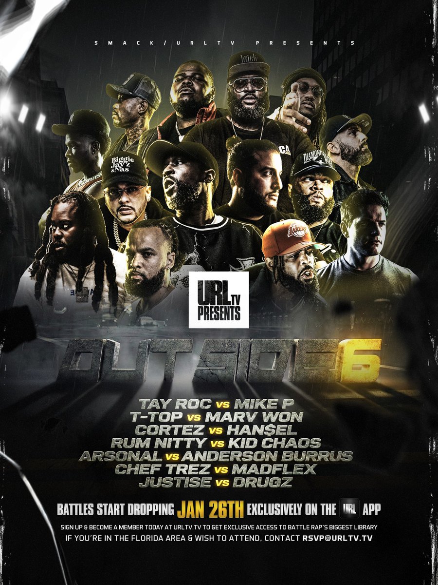 urltv's tweet image. URL’S OUTSIDE 6 
SAT JAN 24TH 

If you would like to see it live: rsvp@urltv.tv to secure entry

Battles Begin Dropping On The URLTV APP Mon Jan 26th

#youcantcopyrespect