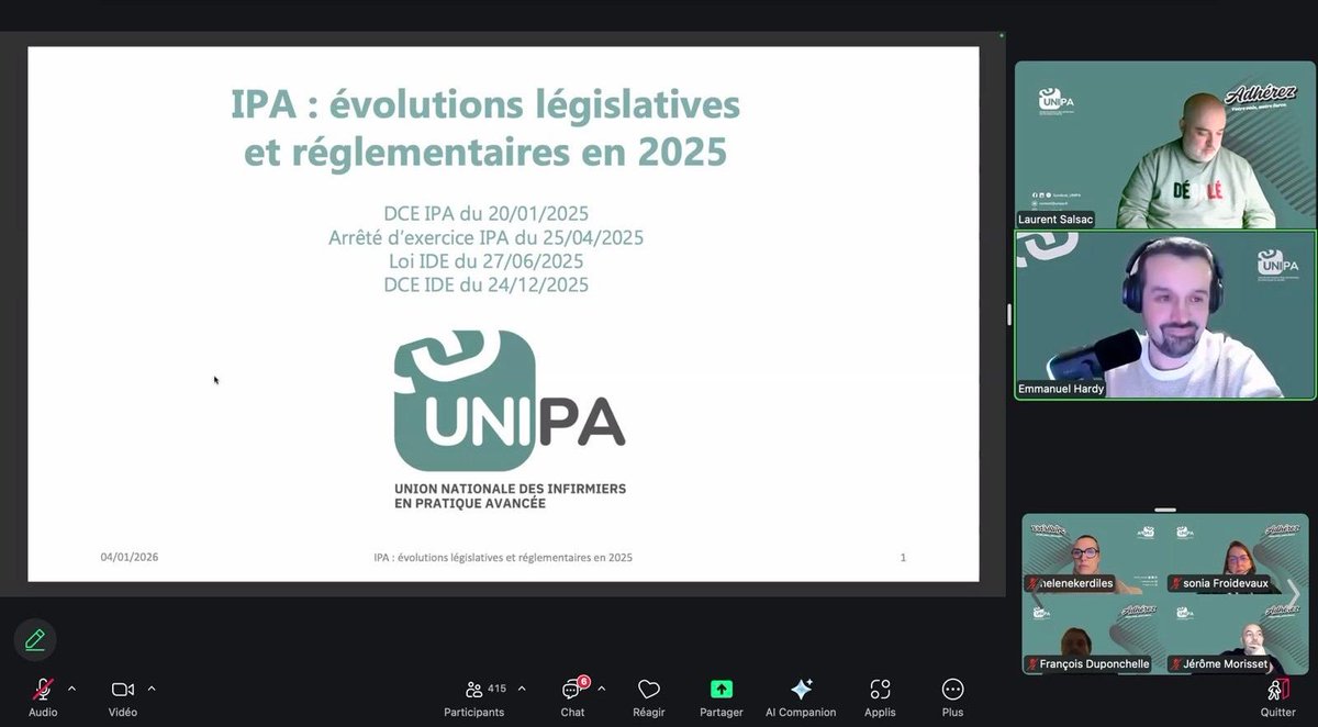 🧑‍💻👩‍💻👨‍💻 Lundi soir, vous étiez plus de 450 à participer à notre webinaire consacré aux évolutions législatives et réglementaires de la pratique infirmière et de la pratique avancée.

Merci pour votre mobilisation massive, vos questions, vos retours et la qualité des échanges.

Ces