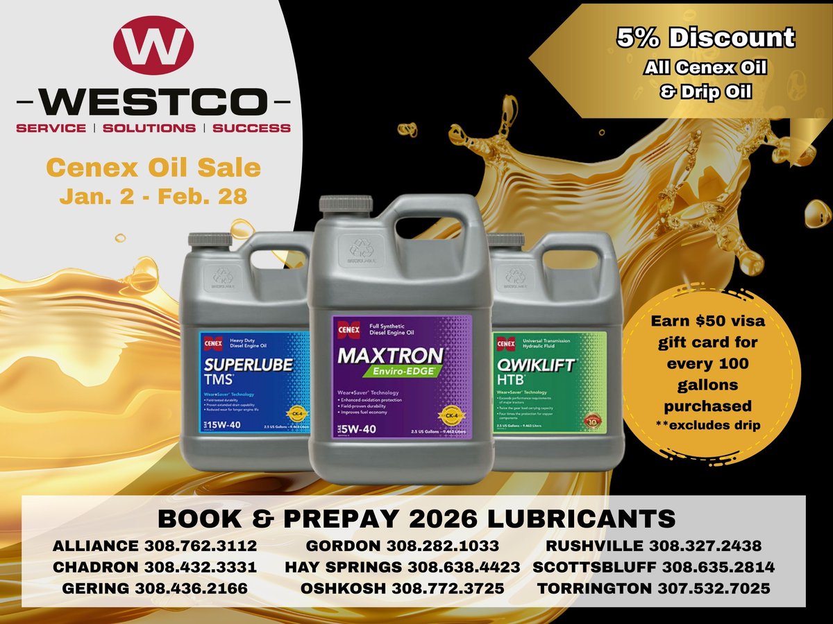 Fuel your fleet &amp; save big this winter 🛢️ WESTCO’s Cenex Oil Sale is now through Feb. 28!!