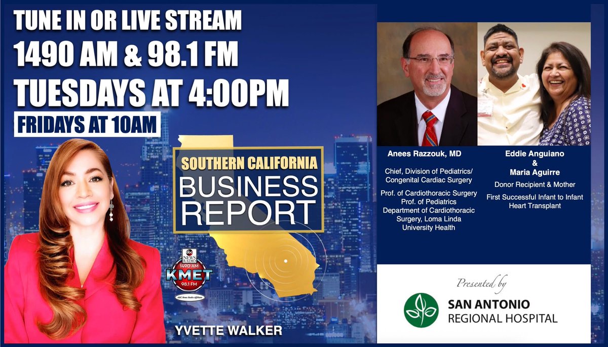 TODAY @ 4pm <a href="/KMETRadio/">KMET1490AM</a>
&amp; FRIDAYS AT 10am
📺: vimeo.com/event/4790975/…

40 years ago, Maria entrusted her newborn son to history and hope. Eddie “Baby Moses” became the world’s first successful infant-to-infant heart transplant recipient, gather with Dr. Razzouk.
<a href="/ABC/">ABC News</a> <a href="/LLUChildrens/">Loma Linda U. Children's Health</a>