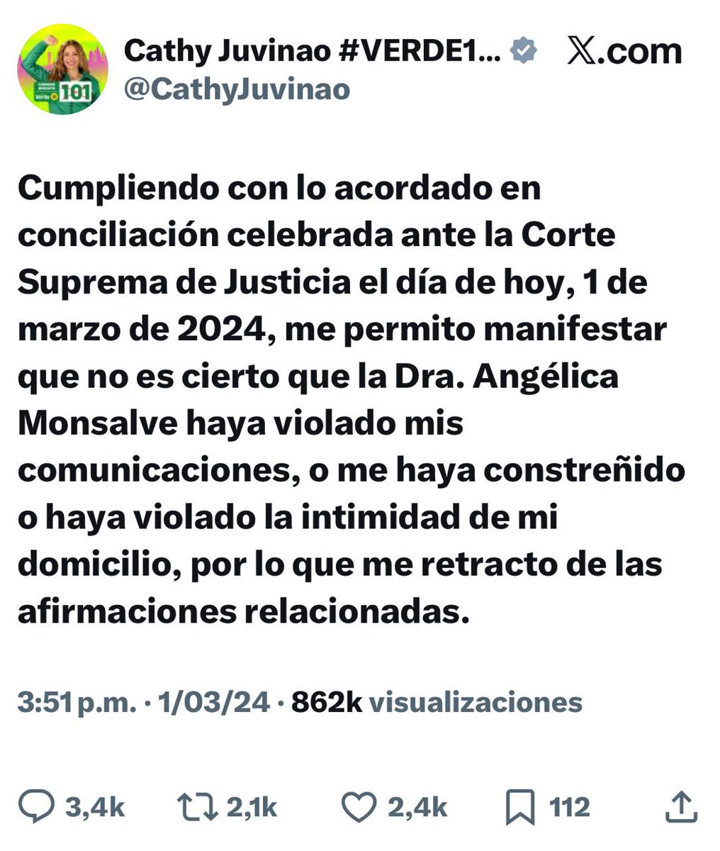 Recuerdo cuando <a href="/CathyJuvinao/">Cathy Juvinao #VERDE101 🌻💚 Cámara Bogotá</a> me vilipendió públicamente, acusándome de múltiples delitos que jamás cometí. A esa embestida se sumaron hasta el propio presidente de la República, <a href="/petrogustavo/">Gustavo Petro</a> Daniel Coronell, <a href="/DCoronell/">Daniel Coronell</a> el director de la <a href="/UNPColombia/">Unidad Nacional de Protección, UNP.</a> y funcionarios de medio