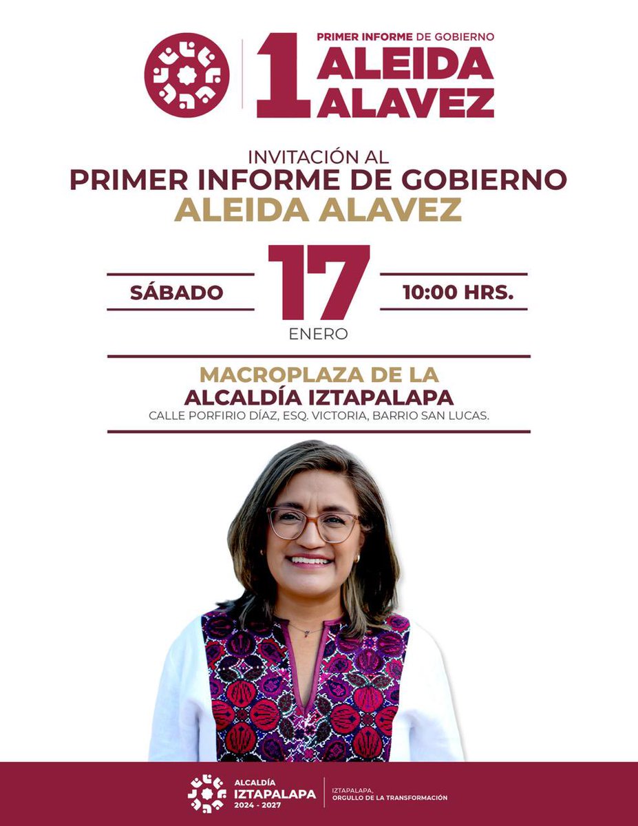 Este 17 de enero tenemos una cita en Iztapalapa.
A las 10:00 a.m., en la Macroplaza de la Alcaldía, compartiremos el Primer Informe de Gobierno: lo que se ha hecho, lo que se ha logrado y lo que viene para nuestra comunidad.
Es de todas y todos.
Acompáñanos y se parte de lo que
