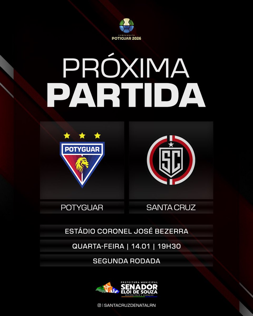 2ª RODADA! 🇾🇪

O Santa Cruz entra em campo nesta quarta-feira (14), pela segunda rodada do Campeonato Potiguar 2026, para enfrentar o Potyguar de Currais Novos, fora de casa.

A bola rola às 19h30, no Estádio Coronel José Bezerra, em Currais Novos.