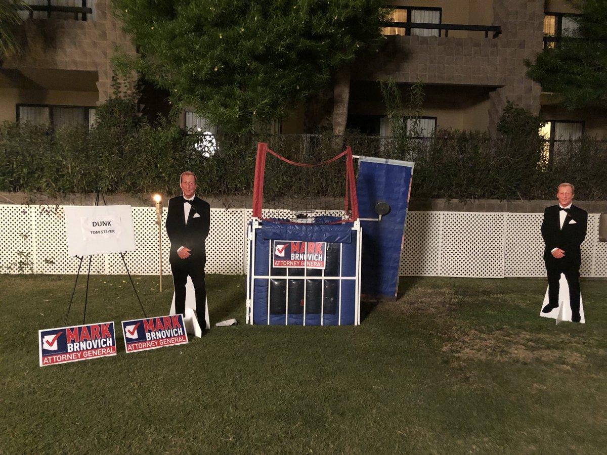 jasonrosepr's tweet photo. I’LL ALWAYS REMEMBER HIM THIS WAY: The Happy Warrior ⁦@GeneralBrnovich⁩. When billionaire Tom Steyer madly opposed his‘18 re-elect we were tapped 4 PR help. Confident, he/we did a Steyer dunk tank at AZ GOP election party.  Funny, tough, gritty. Was &amp; will always be Mark. https://t.co/b7UcQU5t3r