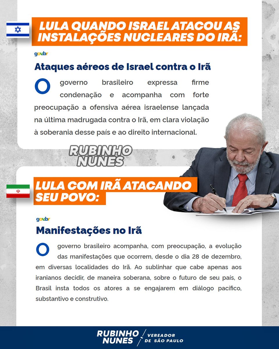 Lula quando Israel ataca o Irã: “Inadmissível violação da soberania.”

Quando o regime iraniano mata o próprio povo: “Veja bem… é decisão soberana.”

SOBERANIA RELATIVA