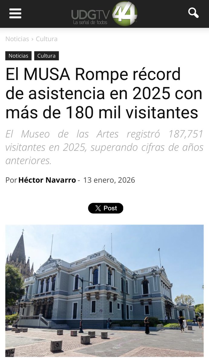 Nuestro querido <a href="/MUSAudg/">MUSA</a> rompió récord de asistencia. Más de 187 mil personas lo visitaron durante el 2025. 🙌🏼

Agradezco profundamente a todo el equipo que lo sostiene y a toda la comunidad que lo visita: ¡gracias por darle vida al corazón de la <a href="/udg_oficial/">Universidad de Guadalajara</a>! Les seguimos