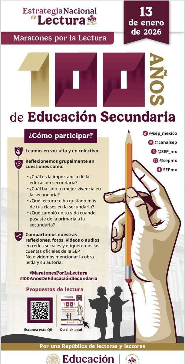 La secundaria transforma tu forma de pensar y ver el mundo. 📚✨
Celebremos sus #100AñosDeEducaciónSecundaria participando en los #MaratonesPorLaLectura.
<a href="/SEP_mx/">SEP México</a>