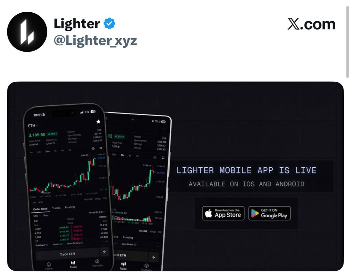 Lighter 移动应用正式登陆 iOS 和 Android，赋能用户随时随地交易永续合约、现货、RWA 及预市场