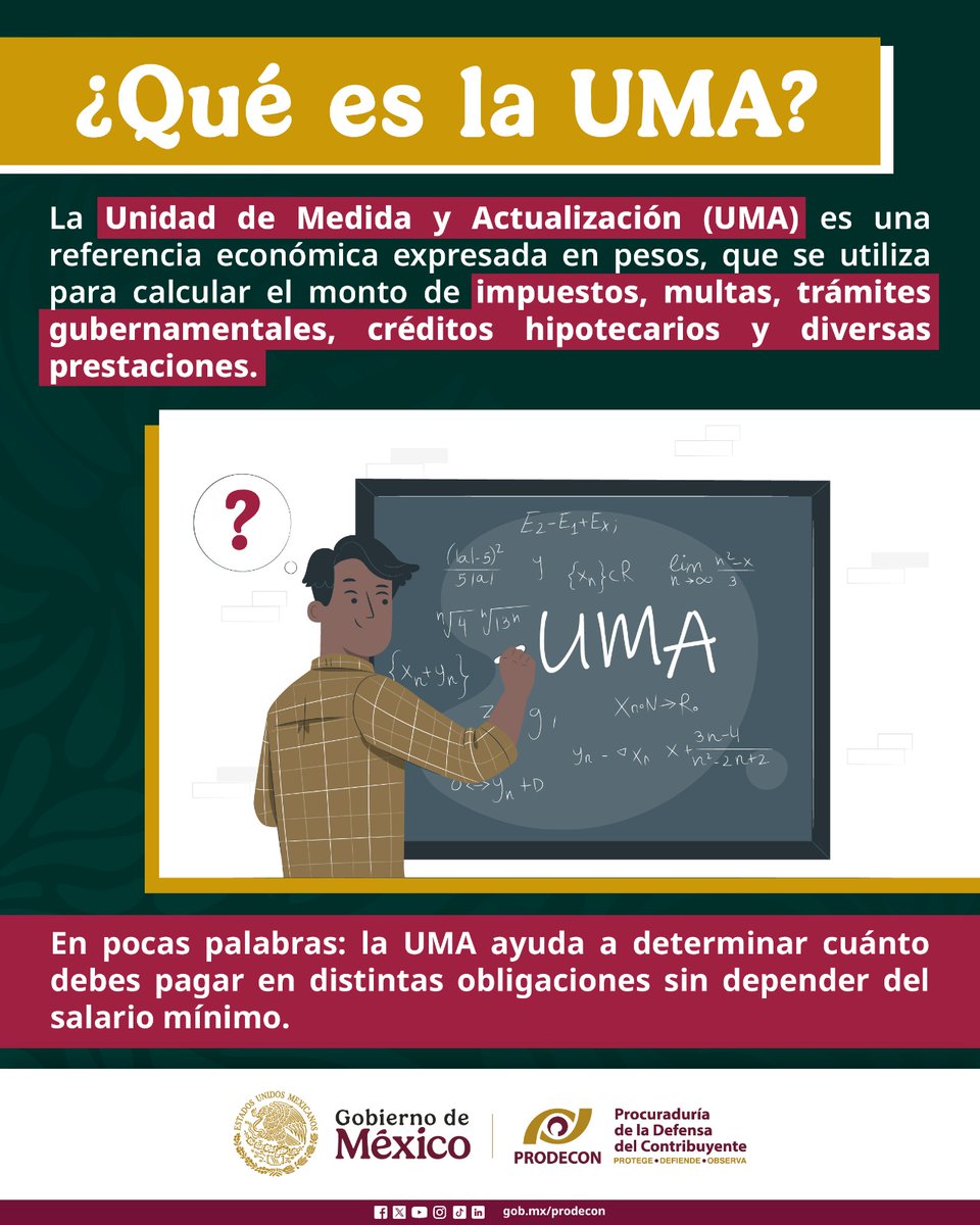 🤔 Si tienes dudas sobre la aplicación de la #UMA, ¡acércate a #PRODECON!

📨 Escríbenos: atencionalcontribuyente@prodecon.gob.mx 
☎️ Llámanos:
CDMX: 55 1205 9000
Interior de la República Mexicana: 800 611 0190
📱Chatea en línea: chat.prodecon.gob.mx 
📆 Ven a nuestras