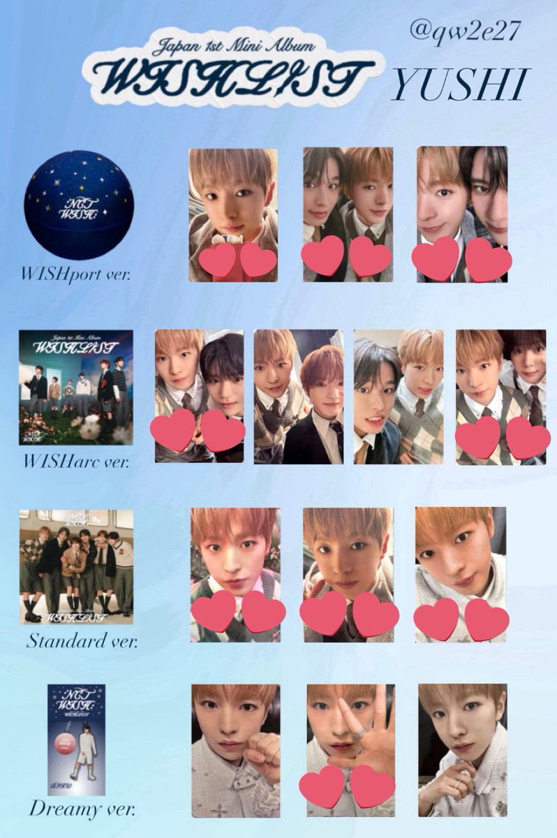 akvra1209's tweet photo. NCTWISH NCT WISH WISHLIST うぃしウィシ　トレカ交換

譲：シオン　ジェヒ　リョウ　サクヤ

求：ユウシ（︎︎💕︎）
　　異種⭕️

郵送希望です！

お心当たりある方、お気軽にDM リプよろしくお願い致します⭐️ https://t.co/EUyhyfxSNN