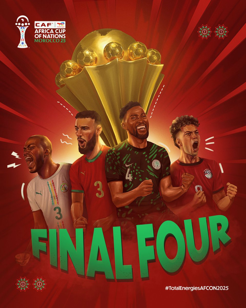 caf_online_FR's tweet image. Les enjeux n’ont jamais été aussi élevés.
Le dernier carré.
Qui gravera son nom dans l’histoire ? 👀🌍

#TotalEnergiesAFCON2025 | #WeAreDifferent