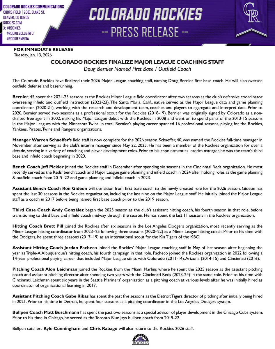 The Rockies have finalized their 2026 Major League coaching staff, naming Doug Bernier first base coach. He will also oversee outfield defense and baserunning.