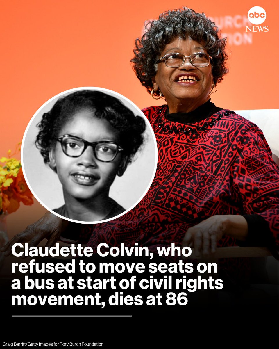ABC's tweet image. Claudette Colvin, whose 1955 arrest for refusing to give up her seat on a segregated Montgomery bus helped spark the modern civil rights movement, has died. She was 86.
 
Read more: abcnews.link/8Mm5HFq