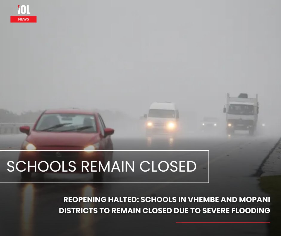 IOL's tweet image. Severe flooding in Limpopo’s Vhembe and Mopani districts forces schools to postpone reopening as a Level 9 weather warning looms.
#LimpopoFloods #SchoolClosure #Vhembe #Mopani #SAWeather
Read on tinyurl.com/2rucaw4t