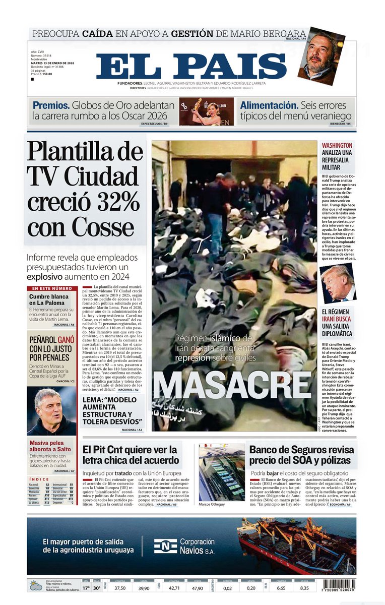 Opa! Los medios uruguayos se despertaron después de casi dos semanas. ¿Habrá una manifestación en la plaza Libertad? ¿O delante de la embajada de Irán? ¿Los grandes defensores de los DDHH pedirán romper relaciones diplomáticas con Irán por genocidas? No??? 🤔🤔