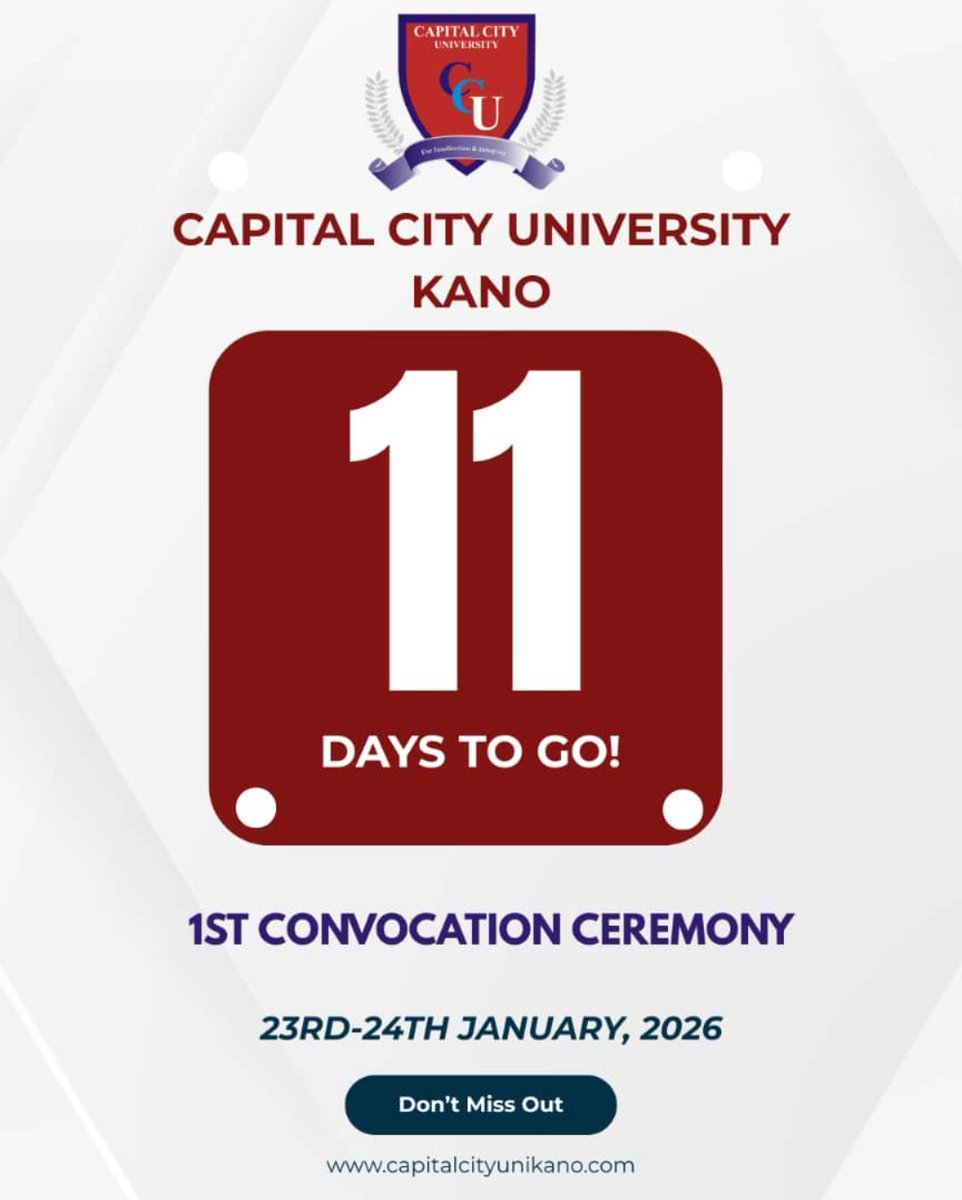 11 Days to a Defining Moment
In 11 days, #CCUK will hold its First Convocation Ceremony, a landmark event marking the graduation of our pioneer cohorts and the formal inauguration of the University’s academic tradition.
📅 23rd – 24th January,2026
📍 Capital City University, Kano