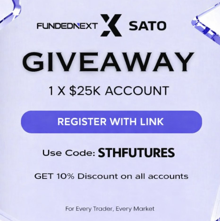 FUNDEDNEXT GIVEAWAY 🎉

1 × $25K Fundednext account🚀

To enter: Follow <a href="/SatoLiveTrading/">Sato Trades 🇨🇭</a> &amp; <a href="/FundedNext/">FundedNext</a>

Like &amp; Repost this post ✅

Register with link 👇
👉 fundednext.com/?fpr=swisstrad…

Winners announced in 24 hours! Good luck &amp; trade smart 🥇

Don't forget to tag your friends!