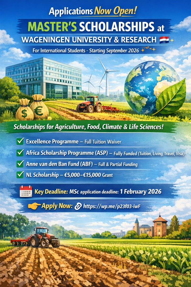 opportunitiesfy's tweet photo. 🎓🇳🇱 Wageningen University Scholarships 2026 offer fully funded &amp; partial MSc funding for international students—apply for admission by 1 Feb 2026 👉 https://t.co/RrwY7FWUyA

#WURScholarships #StudyInNetherlands #FullyFunded #Scholarships2026 https://t.co/Hur5UZ9wvr