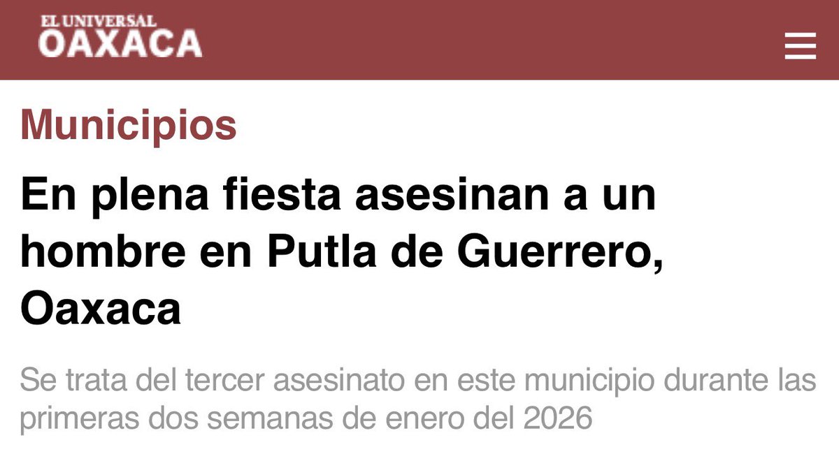 Mientras Salomón Jara busca nueva agencia de viajes, Putla (como todo #Oaxaca) está en crisis.

En dos semanas, han quitado la vida a 3 personas de manera violenta, entre ellas una joven de 17 años.
Pero el #GoberRelax nada más hace conferencias de prensa. Invisibles por cierto.