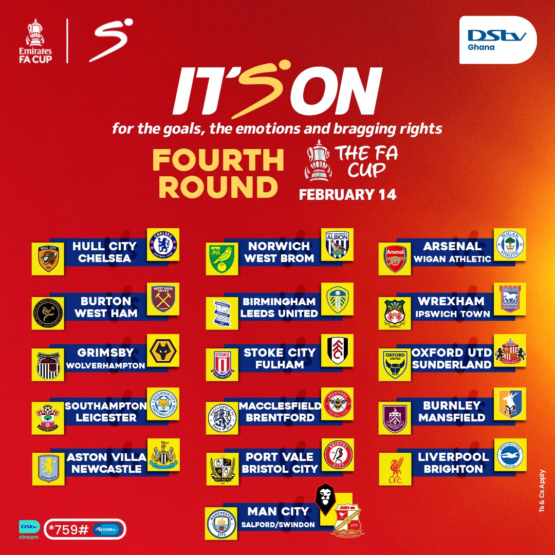 DStv_Ghana's tweet photo. The #FACup Fourth Round is set! 🔥

Which tie are you watching and who’s booking a place in the next round? 👀⚽ https://t.co/1j2MFNadbl