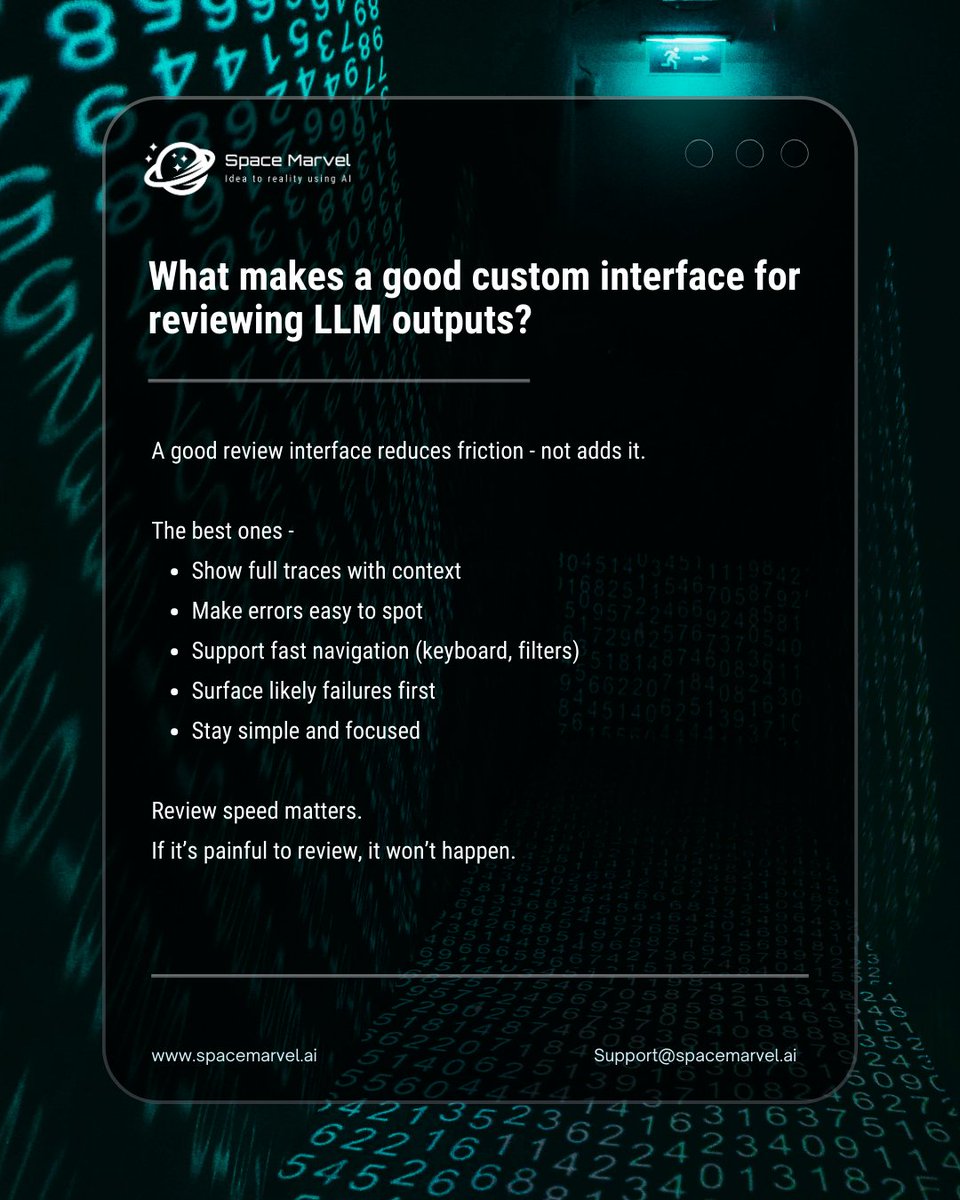 SpaceMarvelAI's tweet photo. If reviewing outputs feels slow,
your evals won’t scale.

What’s missing in your review UI? 👇💬 

#AI #GenAI #LLM #AIEvals #UXDesign #MLOps #AIProduct #BuildInPublic #TechInsights https://t.co/lVu4TA8eqa