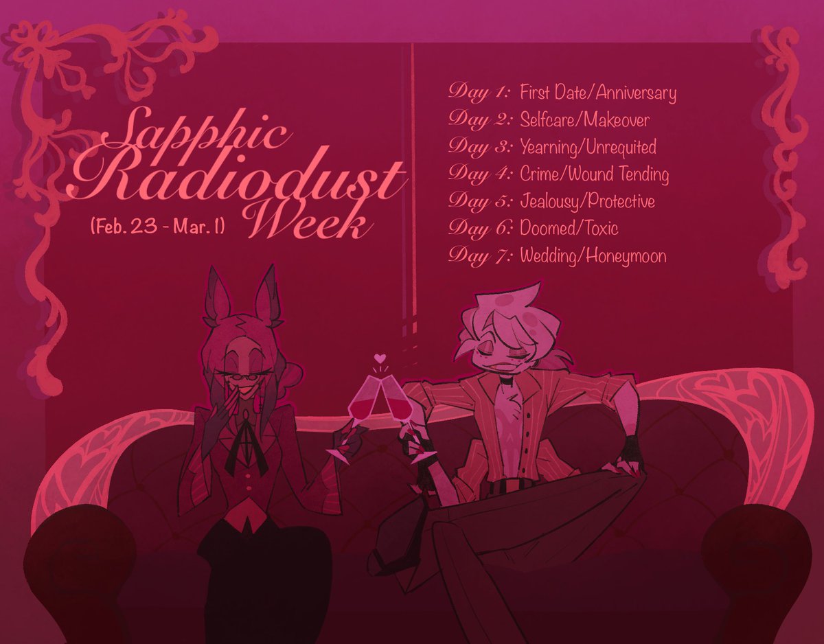 I’m happy to announce the arrival of Sapphic #Radiodust Week coming late February! 

Use #SapphicRDWeek to participate! I can’t wait to see everyone’s interpretations of this fav duo 💖✨

And big thanks to <a href="/shanimeartist/">✨shanime✨</a> for helping me put this together!!