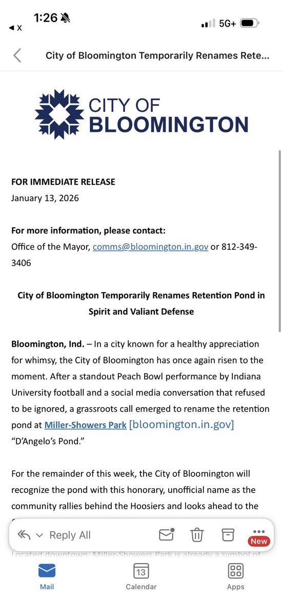 HoosiersConnect's tweet image. D’ANGELO’S POND IS OFFICIAL.

The city of Bloomington is temporarily renaming a pond in honor of Indiana’s cornerback.