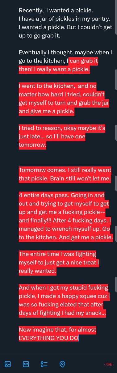 <a href="/DopaminePlsMe/">DeeDee - ADHD Helper</a> I had to explain to a friend about that over something as simple as getting a pickle for a snack. 

His response made me chuckle.
