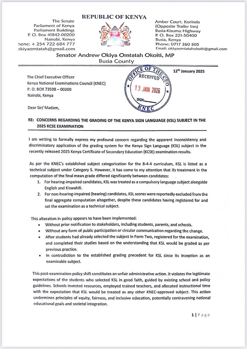 OkiyaOmtatah's tweet image. I have formally written to @KNECKenya demanding immediate justice over the unfair and discriminatory grading of Kenya Sign Language (KSL) in the 2025 KCSE.

KSL was inconsistently excluded from final grade computation for some candidates after the exam; without notice,…