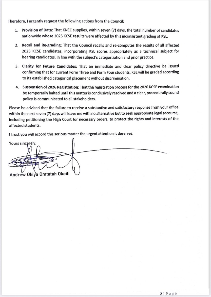 OkiyaOmtatah's tweet image. I have formally written to @KNECKenya demanding immediate justice over the unfair and discriminatory grading of Kenya Sign Language (KSL) in the 2025 KCSE.

KSL was inconsistently excluded from final grade computation for some candidates after the exam; without notice,…