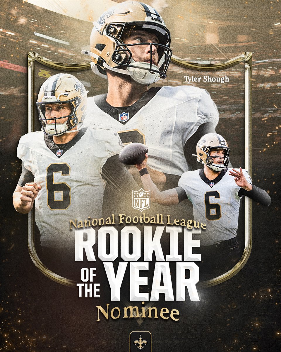 Saints's tweet image. Tyler Shough, @NFL Rookie of the Year nominee ⭐️

Vote for Shough » nfl.com/rookies