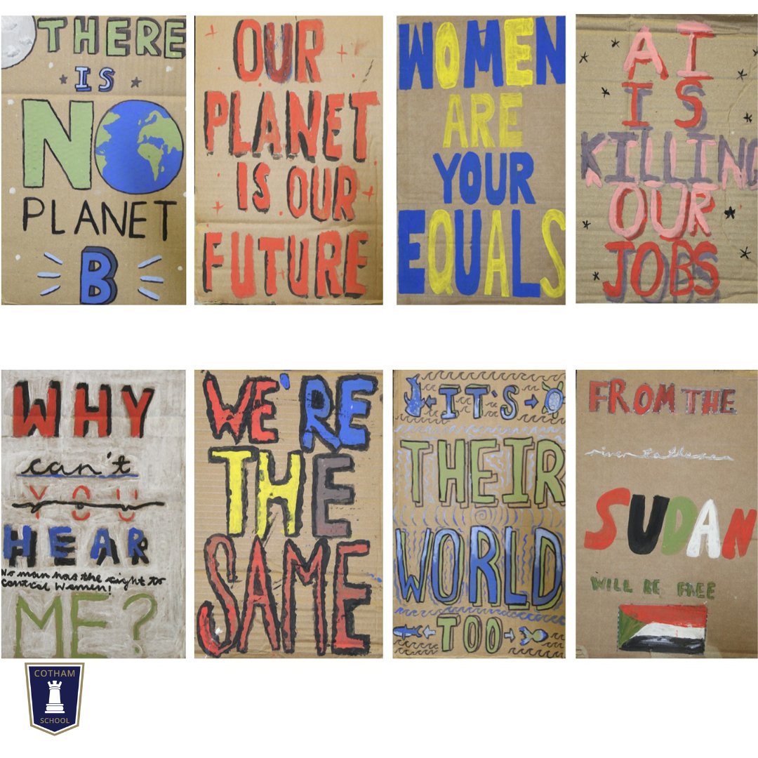 CothamSchool's tweet photo. Year 9 students created bold protest art inspired by Bob and Roberta Smith, using typography, layout, and hand‑drawn lettering to express strong views and craft powerful designs about issues they care deeply about.

#community #fun #artwork #art https://t.co/lJkqAZ9S09
