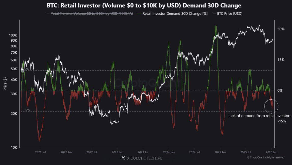 洞察：比特币近期上涨缺乏散户支持，小额买家需求仍为负，表明涨势由大户主导，市场基础脆弱