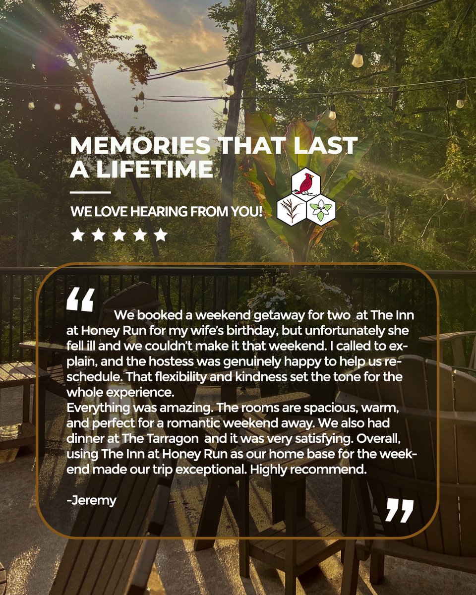 #TestimonialTuesday
Memories that last a lifetime!
We LOVE each and every one of our guests! Hearing the joy that The Inn brings you is so uplifting and encouraging. Thank you for sharing and thank you for making <a href="/innathoneyrun/">Inn at Honey Run</a> and Tarragon part of your story!