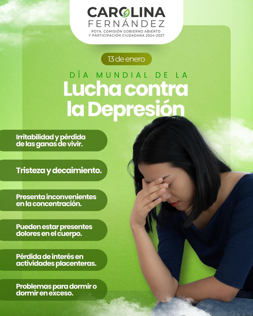 La depresión no siempre se ve, pero se siente. Hablar, escuchar y acompañar puede salvar vidas. 🫶🏻 

Hoy y todos los días, rompamos el silencio. 💚 Estamos para escucharte en la Regiduría de Gobierno Abierto y participación Ciudadana. 

#DíaContraLaDepresión 
#CaroFdzRegidora 💚