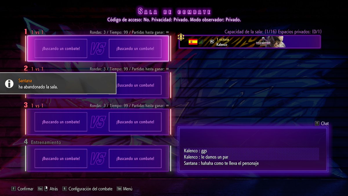 Hoy en el apartado de sucesos:
SF6 Ranked DIAMANTE 5* con SAGAT
me sale una MAI, le gano 2-1.
me pide sala privada
Se pone su RYU de MASTER.
Le gano la primera, no me da rematch.
Me dice que el muñeco me lleva, él, que juega MAI y RYU xD
Abandona la sala.
Un abrazo Santana